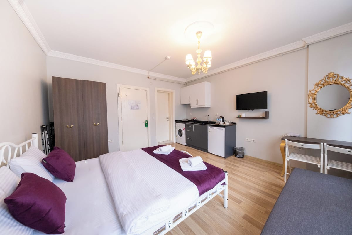 Habitación de hotel con cama, escritorio, televisión, espejo y kitchenette.