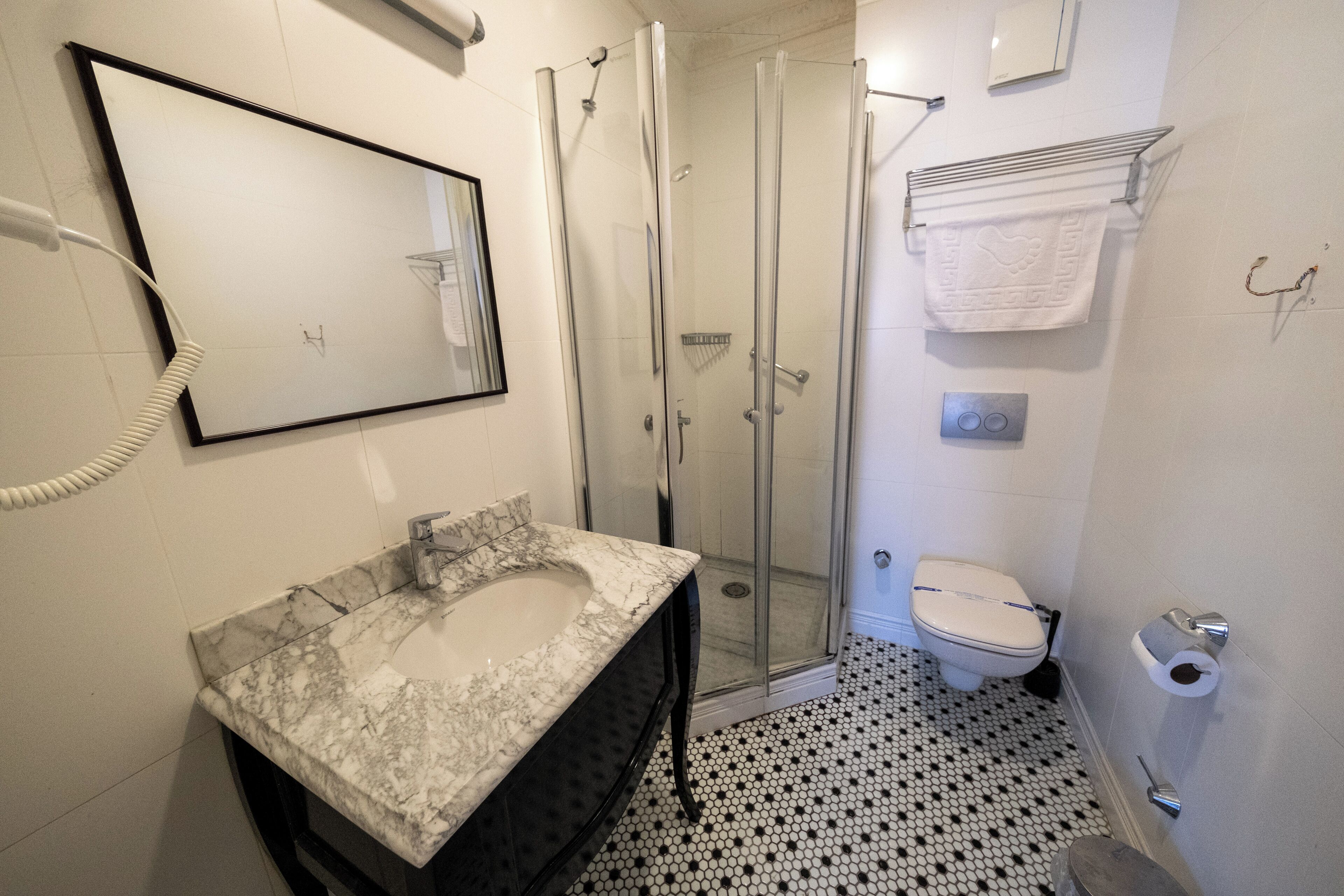 A bathroom with a marble sink, a glass shower enclosure, a toilet, and a towel rack.