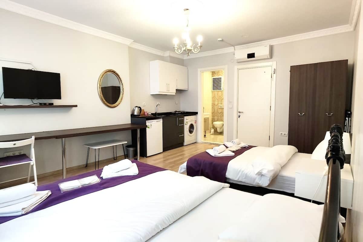 Habitación de hotel con dos camas, un escritorio, un televisor, un espejo, un armario y un baño visible a través de una puerta abierta.
