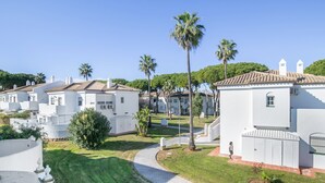Zona residencial con casas blancas, palmeras y un camino pavimentado.