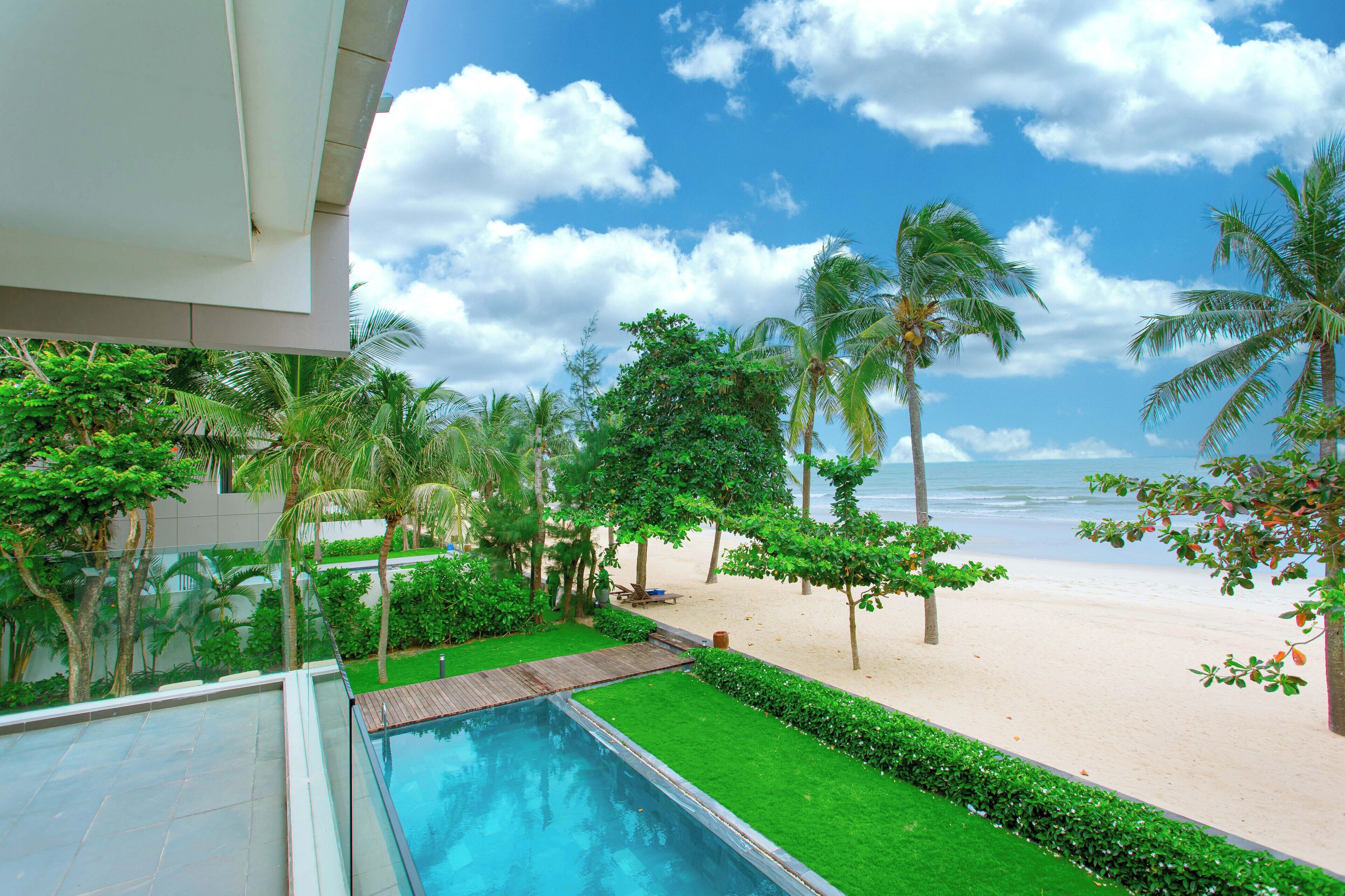 A modern pool area with a clear view of the beach and palm trees.