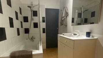 Hair dryer, towels, soap, toilet paper