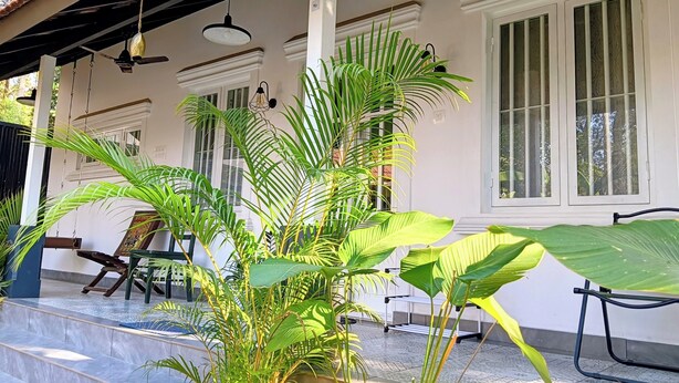 Un espace extérieur abrité, doté d’un sol carrelé, de plantes en pot et d’un banc.