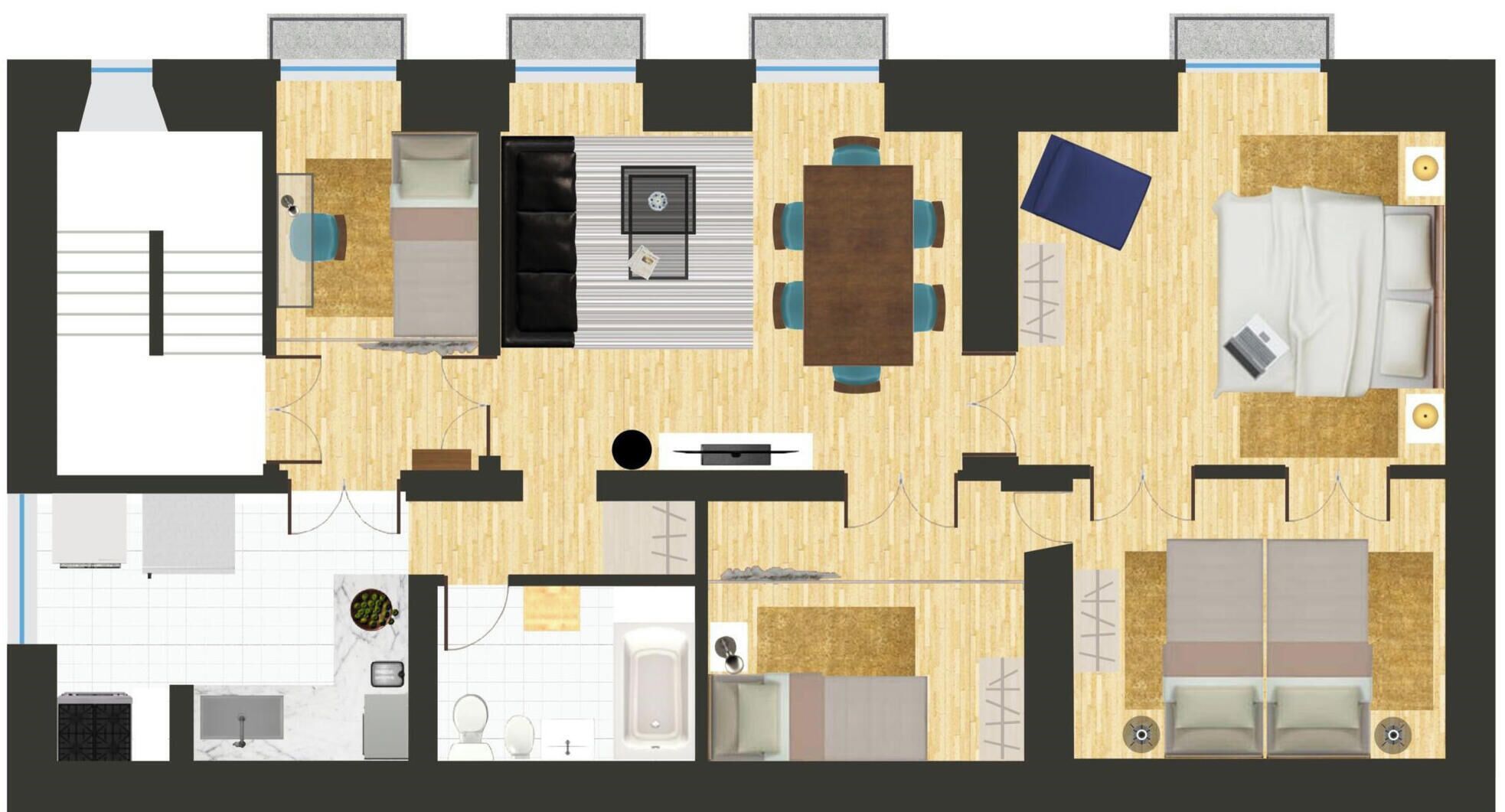 A hotel layout with a dining area, a kitchen, a living room, and two bedrooms.