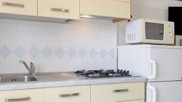 Fridge, microwave, stovetop, cookware/dishes/utensils