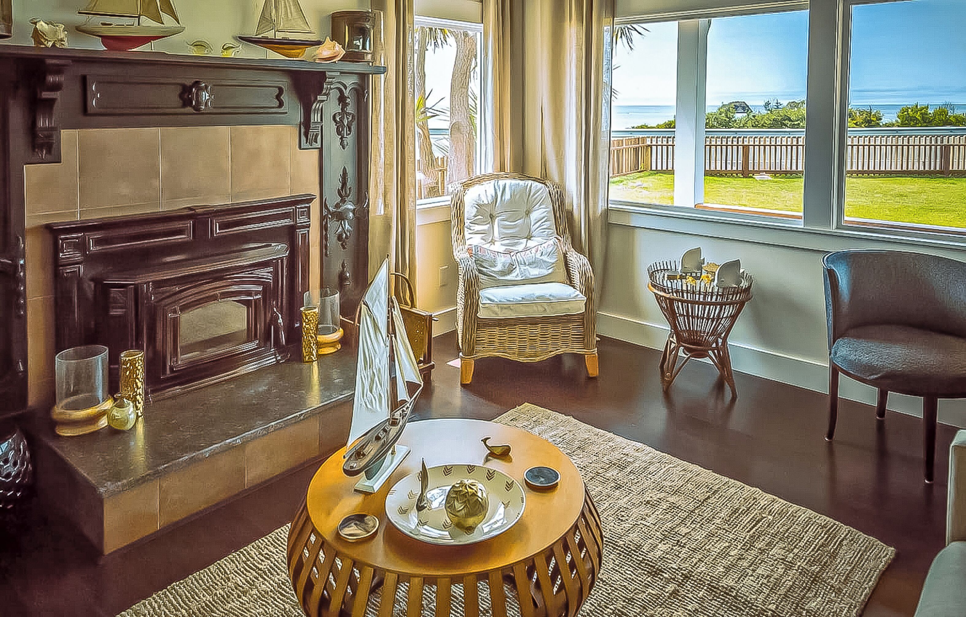 TV, fireplace, books, stereo