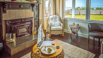 TV, fireplace, books, stereo