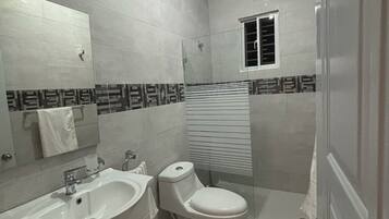 Regadera, toallas, jabón, papel de baño