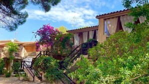 Un patio con un sendero de piedra que lleva a una escalera rodeada de abundante vegetación y plantas en flor.