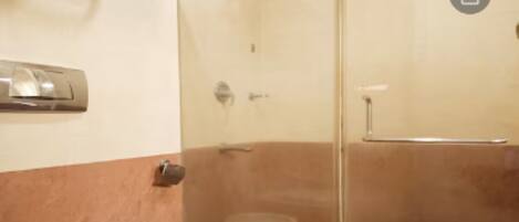 A bathroom with a glass shower enclosure, a toilet, and a trash bin.