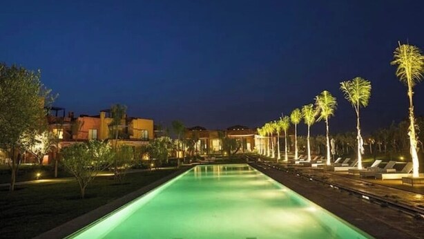 Una piscina de color verde, rodeada de palmeras y sillas de descanso, con edificios al fondo.