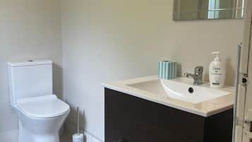 Douche, séchoir à cheveux, serviettes fournies, savon