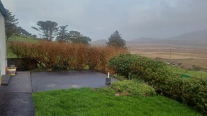 A residential property with a paved driveway leading to a garage, surrounded by well-maintained hedges and a grassy lawn. - Jerry's Cottage, Dingle Penninsula Wild Atlantic Way and Páirc Nasiúnta na Mara  (Co)