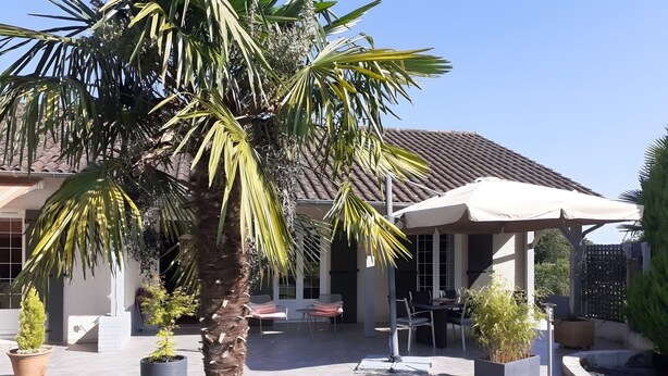 A patio area with a palm tree, outdoor furniture, and a covered seating area. - “Agapanthe” Guest Room – Suite with Breakfast Included (Feytiat)