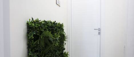 Una puerta blanca, una planta colgada en la pared y un cuadro pequeño enmarcado.