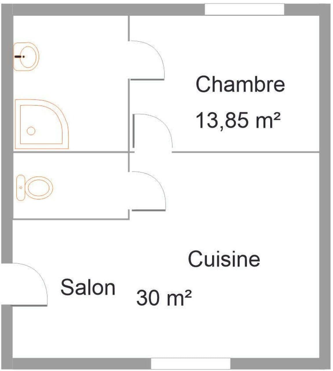 En planritning som visar ett vardagsrum märkt med ”Chambre” och som är 13,85 m² stort, samt ett kök märkt med ”Cuisine” och som är 30 m² stort.