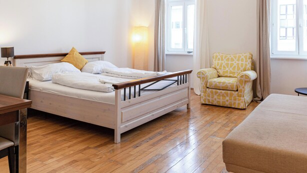 A hotel room with a bed, a desk, a chair, and a sofa. - Executive Central Room Long Stay (Vienna)