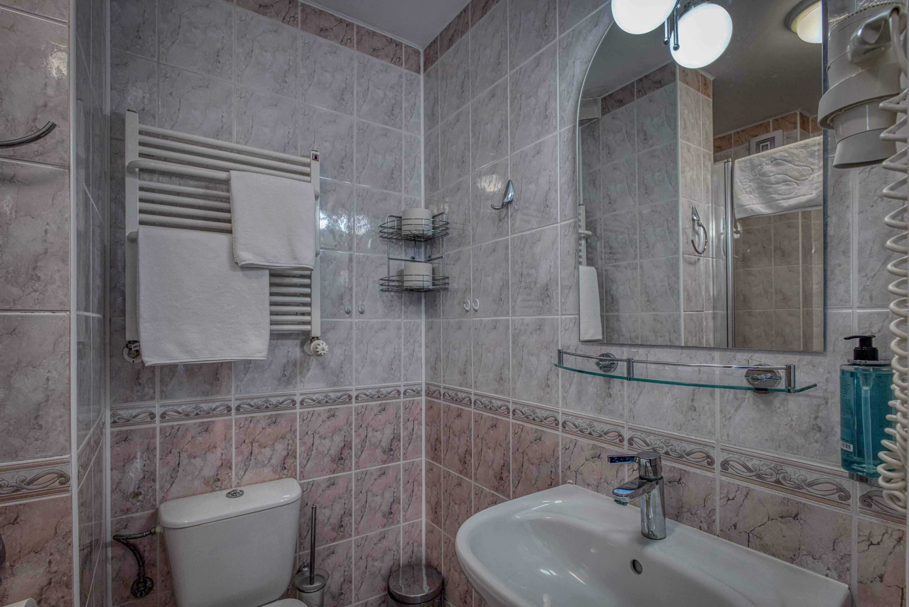 Une salle de bain comprenant des toilettes, un lavabo, un porte-serviettes et un espace douche.
