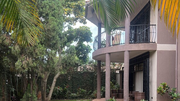 Uma área de estar circular ao ar livre, com mobiliário de vime, rodeada por um gramado bem cuidado e palmeiras.