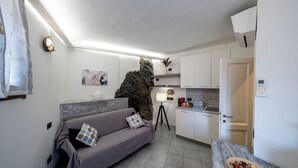 Un espacio habitable compacto con sofá, una pequeña cocina y una pared de piedra decorativa.