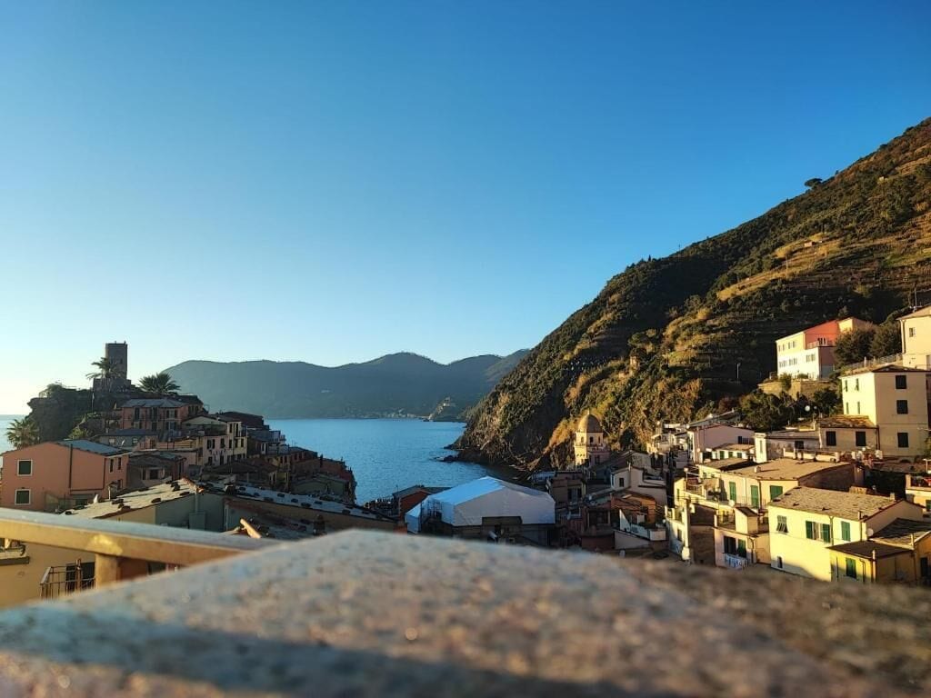 A coastal town with buildings along the hillside and a body of water in the background.