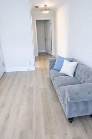 Une pièce avec un canapé gris, un parquet clair et une porte blanche à l’arrière-plan.
