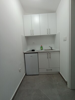 Fridge, electric kettle, cookware/dishes/utensils