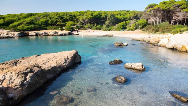 Un paisaje costero con aguas cristalinas, rocas y follaje.
