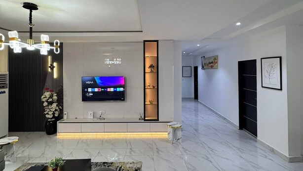 A modern living room with a flat-screen TV, a sofa, a coffee table, and a decorative plant. - Akira's  Homes (Abuja)