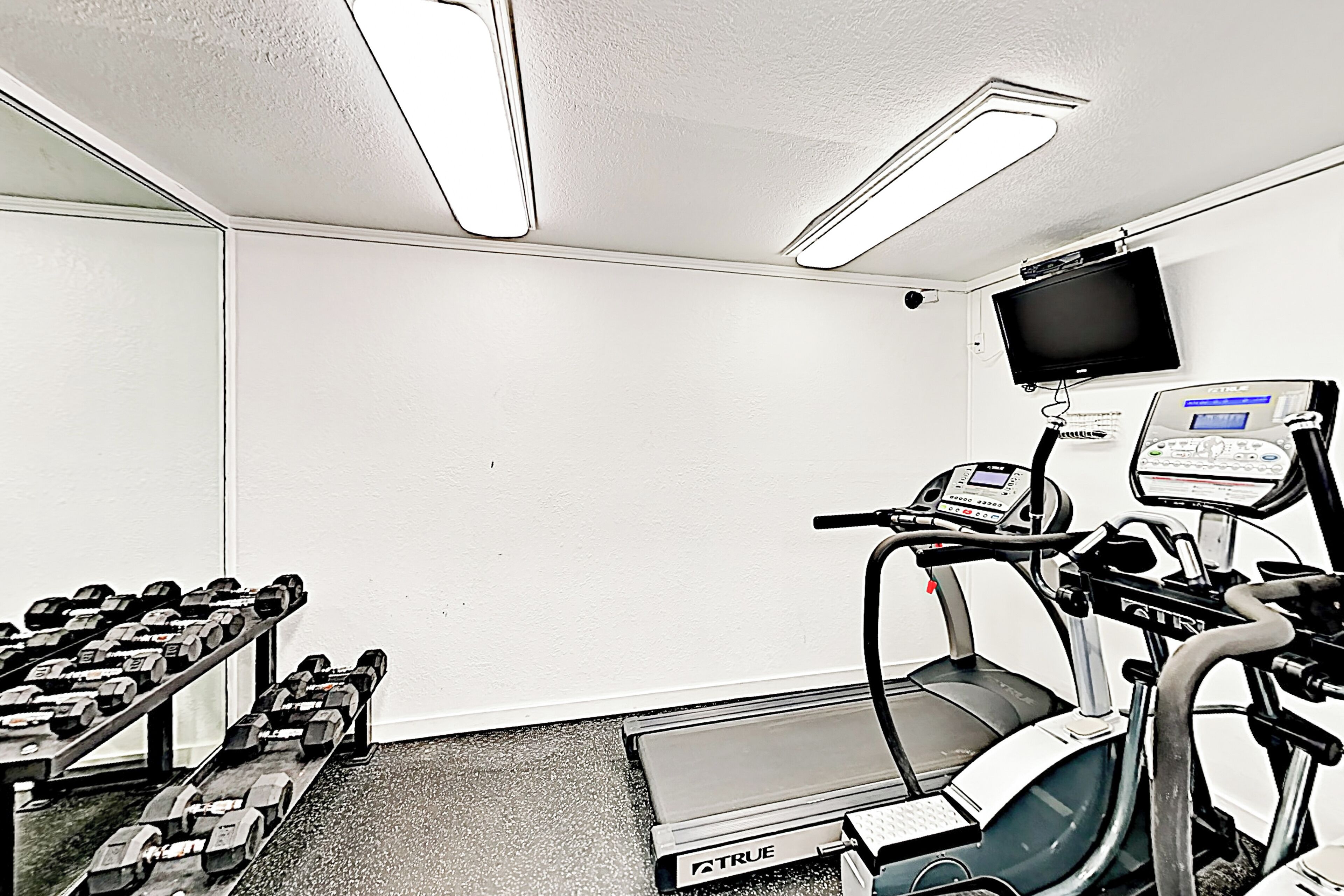 Une salle de sport équipée d’un tapis de course, de poids et d’un téléviseur fixé au mur.