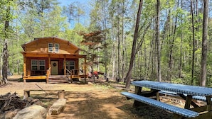 Une cabane en bois avec une véranda, une table de pique-nique et un paysage boisé en arrière-plan.