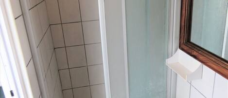 Une salle de bain avec une douche, un lavabo et un miroir.