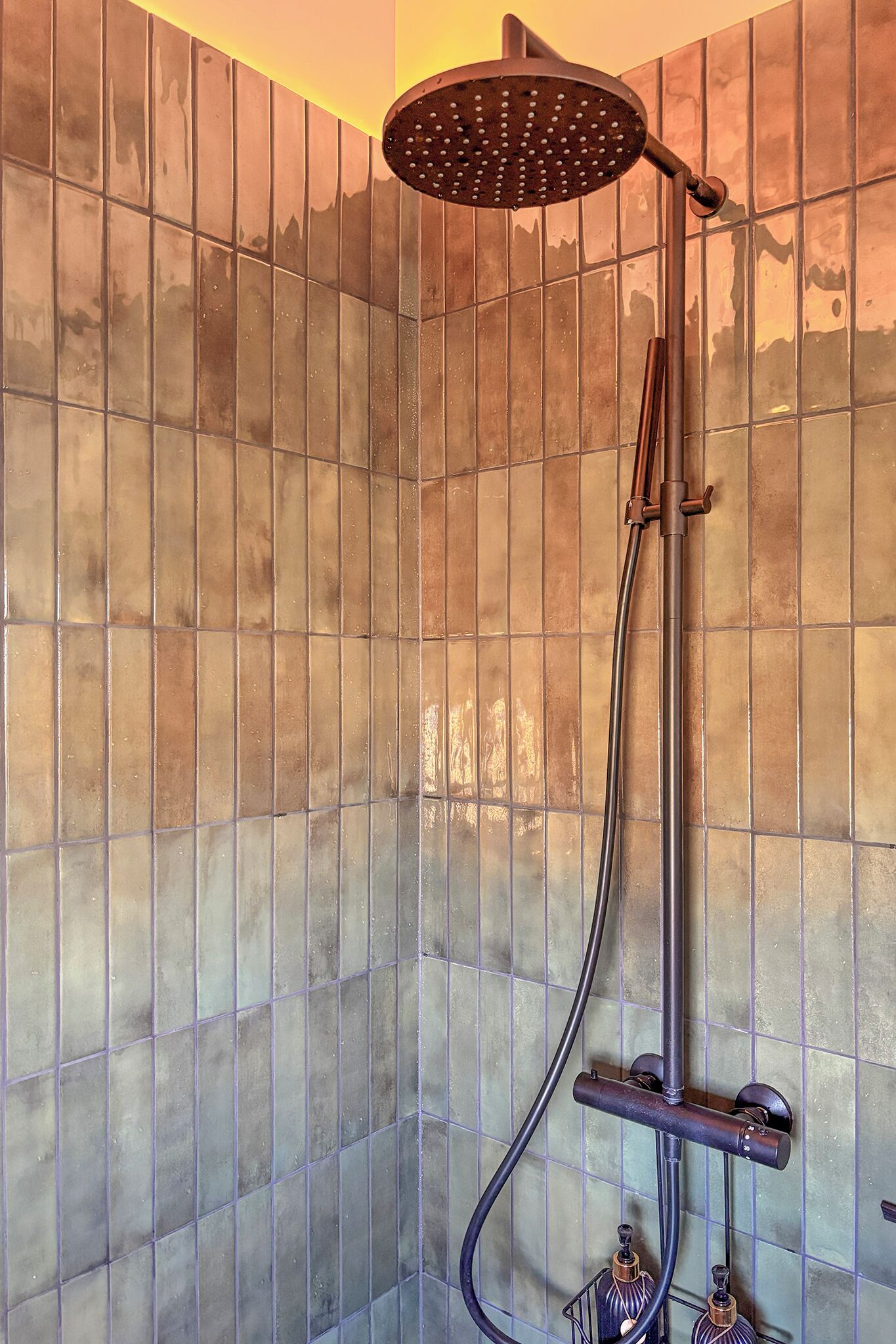 A shower with a handheld showerhead and a wall-mounted control valve.