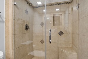 Shower, hair dryer, towels - Ocean One 213 - Second Floor Oceanfront 3BR Condo (Hilton Head Island)