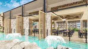 A modern outdoor dining area with a pool, stone pillars, and wooden slatted walls. - Serenade Caribe Club Family Beach Resort (Punta Cana)