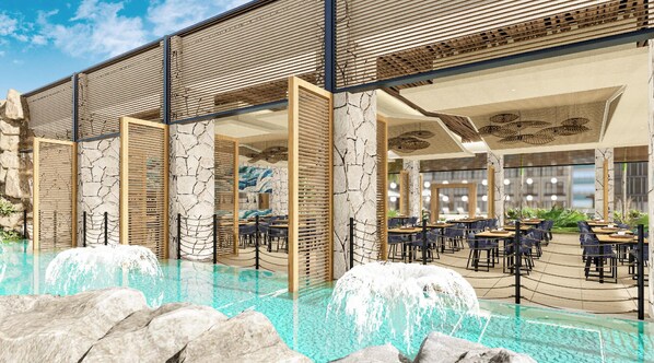A modern outdoor dining area with a pool, stone pillars, and wooden slatted walls. - Serenade Caribe Club Family Beach Resort (Punta Cana)