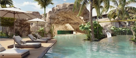 5 outdoor pools, open 8:00 AM to 6:30 PM, pool cabanas (surcharge)