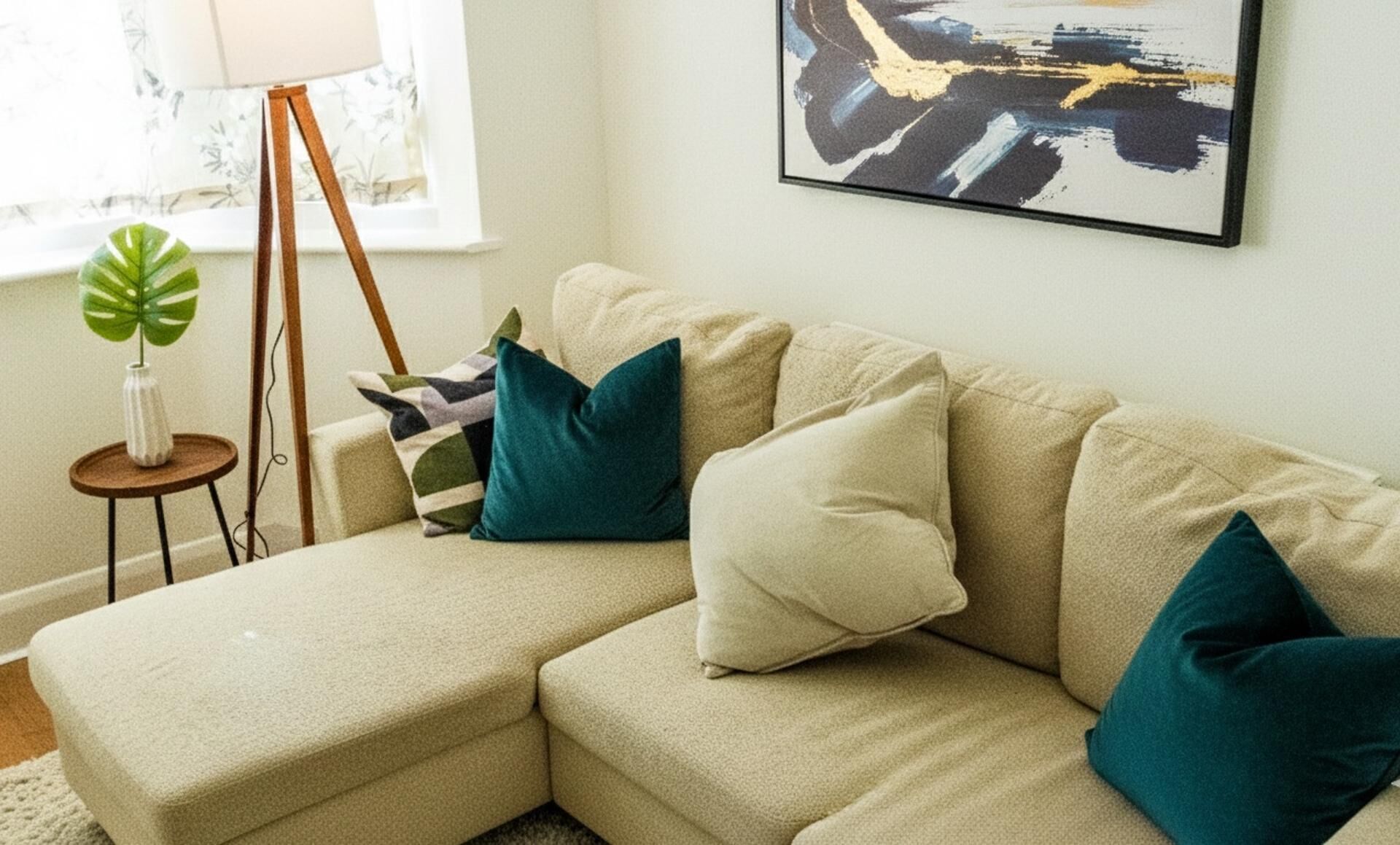 A beige sectional sofa with teal cushions, a small side table with a vase, and a framed abstract painting on the wall.
