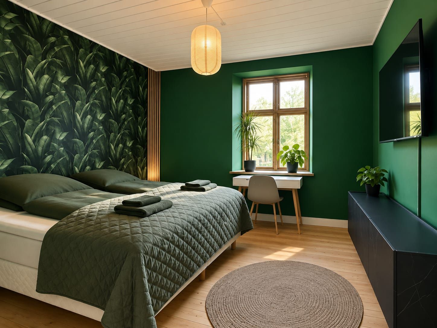 A bedroom with a bed, a desk, a chair, a round rug, and a window with plants.
