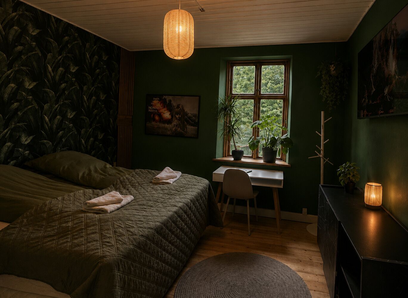 Habitació amb llit, escriptori, cadira, finestra amb plantes i una làmpada penjant.