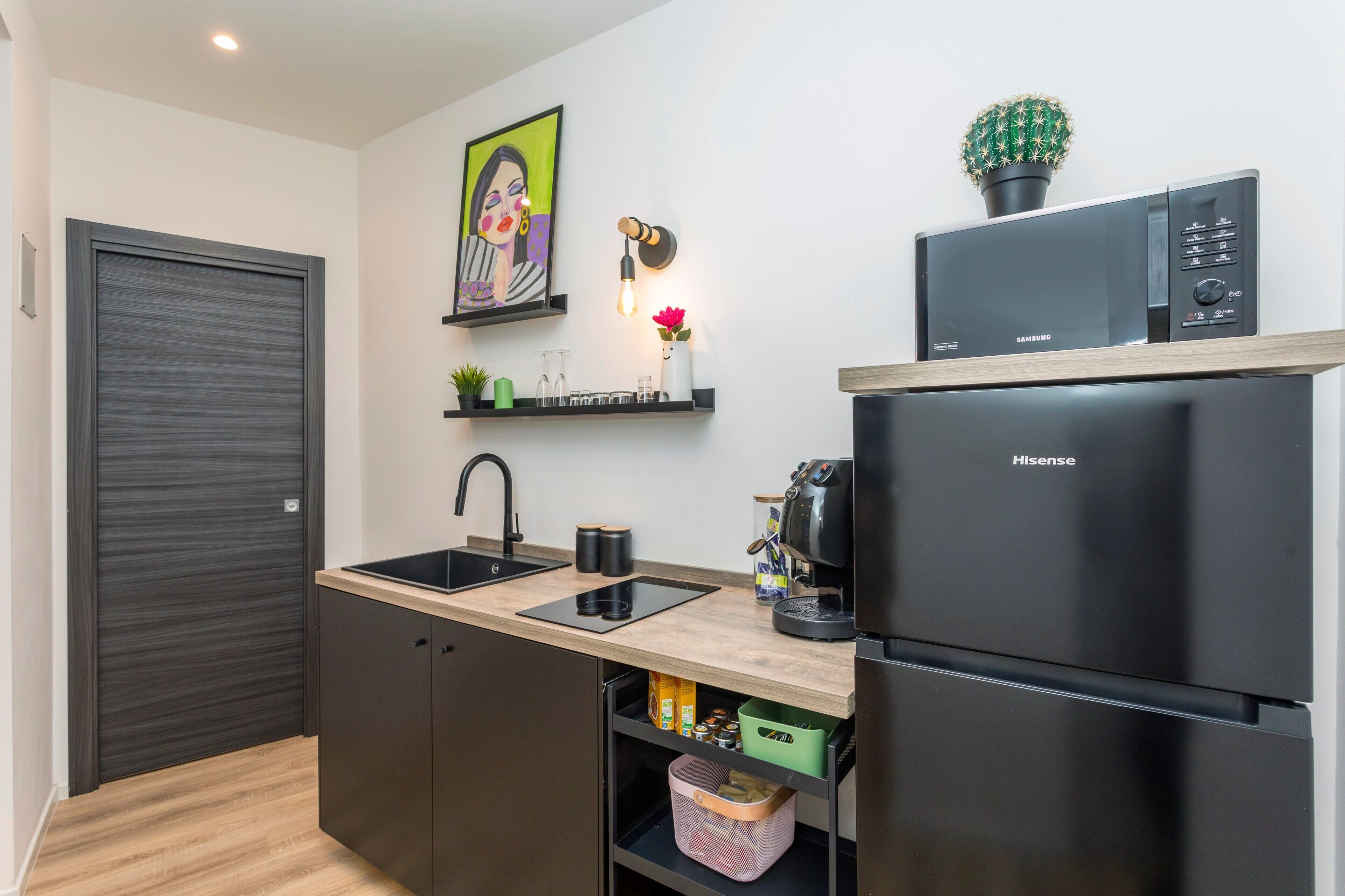 Eine moderne Küche mit Spüle, Mikrowelle, Kühlschrank und einem Regal mit einem Kaktus.