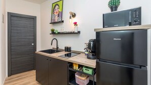 Eine moderne Küche mit Spüle, Mikrowelle, Kühlschrank und einem Regal mit einem Kaktus.