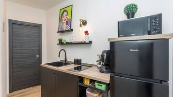 Eine moderne Küche mit Spüle, Mikrowelle, Kühlschrank und einem Regal mit einem Kaktus.