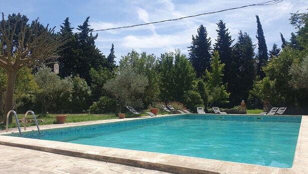 A rectangular swimming pool with a tiled edge, surrounded by a stone deck. - Mas du Coustoubi between Avignon and St Remy. Swimming pool, Pétanque, BBQ (Châteaurenard)