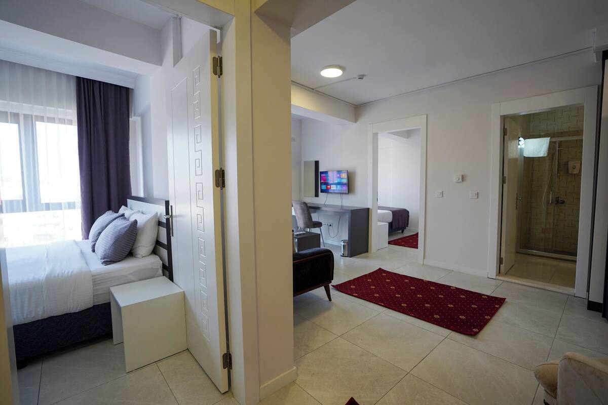 A hotel room with a bed, a desk, a TV, and a shower area.
