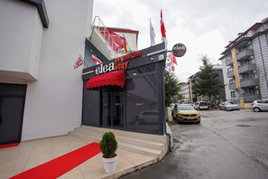 A hotel entrance with a red carpet, a small potted plant, and flags. - elea premium stay (Denizli)