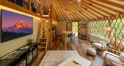 Modern Forest Yurt with Firepit & Skylit Dome near Carson, Washington