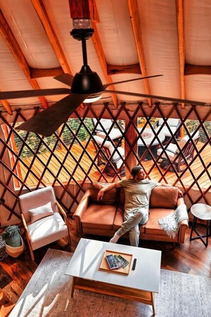 Terrace/patio - Scenic Woodland Yurt with Stargazing Dome & Firepit near Carson, Washington (Carson)