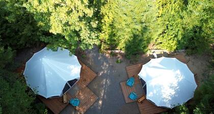 Spacious Dual Bell Tent Glamping Retreat with Forest Deck near Carson, Washington