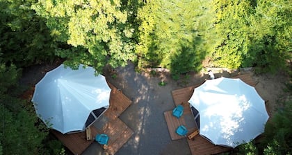 Spacious Dual Bell Tent Glamping Retreat with Forest Deck near Carson, Washington